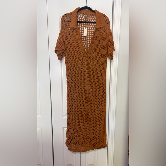 By Anthropologie Short-Sleeve Crochet Midi Shirt Dress - Picture 5 of 6
